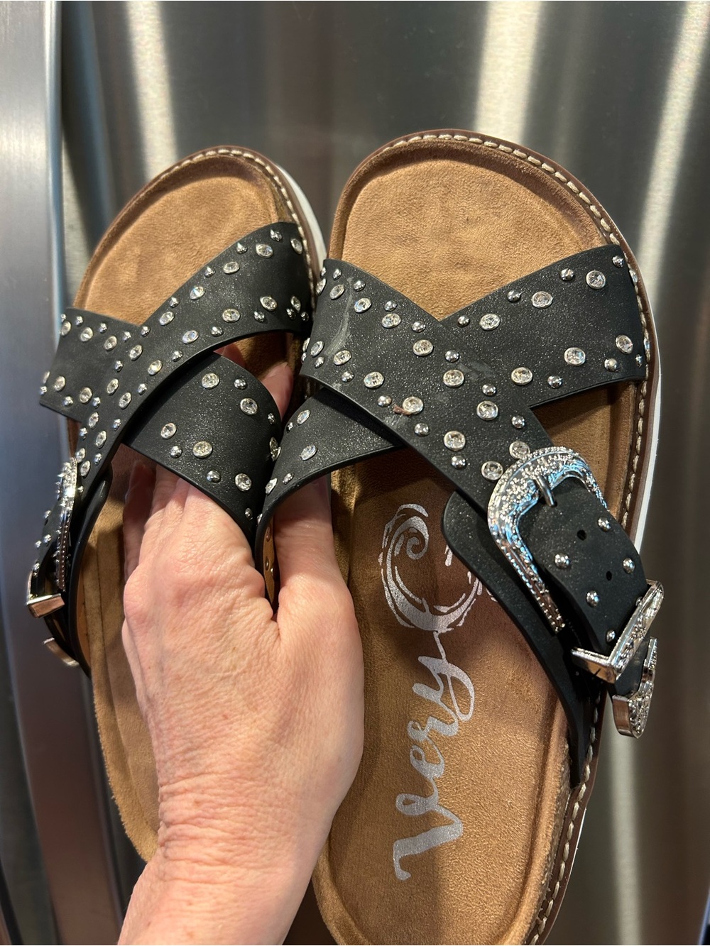 Very G Black Rhinestone Crisscross Buckle Sandals